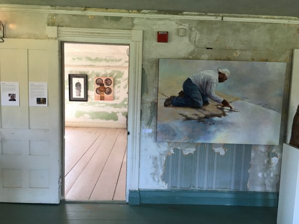 Heidi Broner painting looking into a room with Mark Heitzman drawing and Trevor Corp collage.