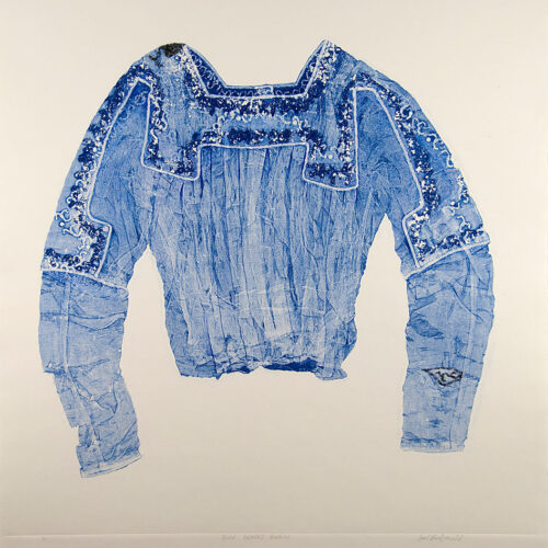 Blue Beaded Bodice, Monotype / Colored Pencil / Beads / Thread, 36” x 30” $2,000